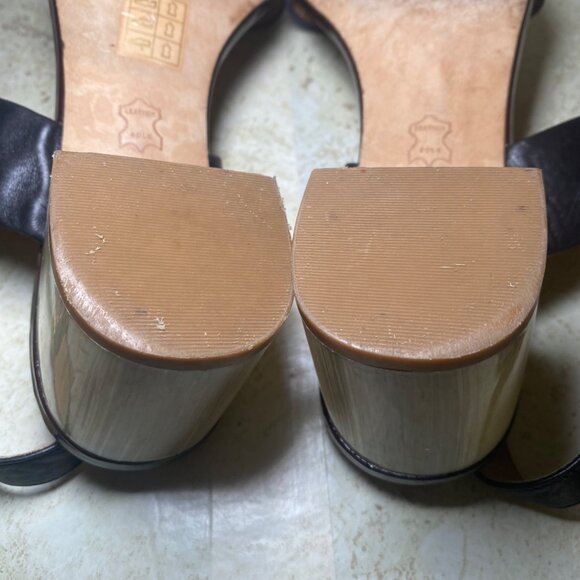 Tory Burch Black Leather Block Heel Sandals With Gold Accent - Picture 10 of 11